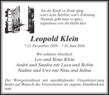 Anzeige von Leopold Klein von  Sonntags-Post 