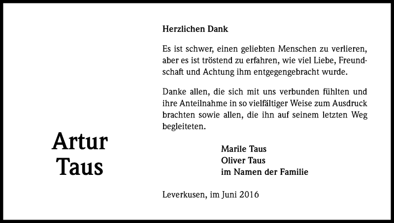 Traueranzeige für Artur Taus vom 22.06.2016 aus Kölner Stadt-Anzeiger / Kölnische Rundschau / Express