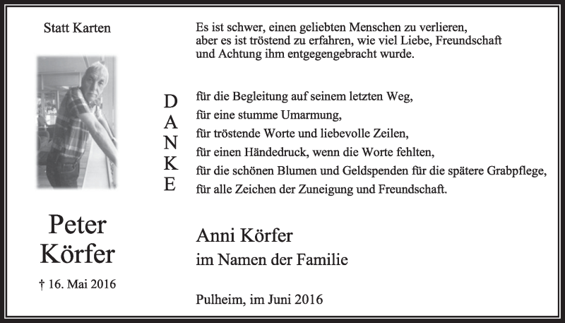  Traueranzeige für Peter Körfer vom 04.06.2016 aus  Sonntags-Post 