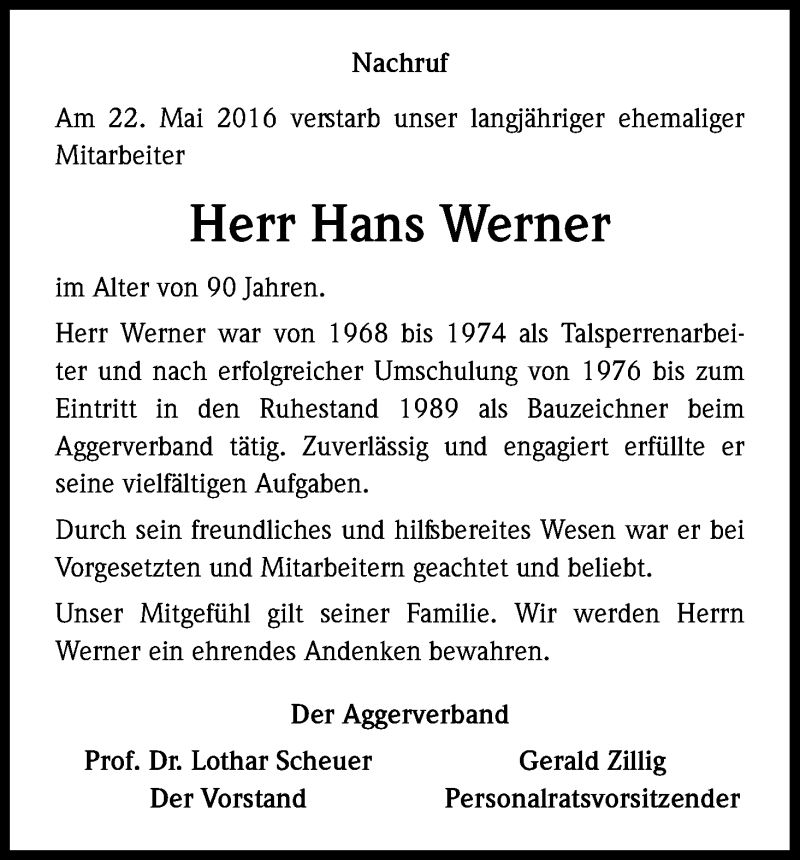  Traueranzeige für Hans Werner vom 04.06.2016 aus Kölner Stadt-Anzeiger / Kölnische Rundschau / Express