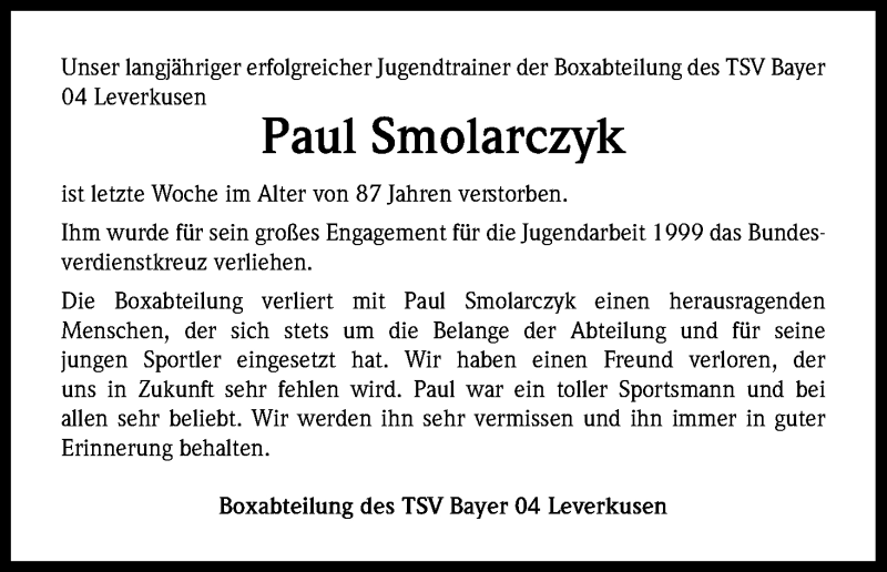  Traueranzeige für Paul Smolarczyk vom 04.06.2016 aus Kölner Stadt-Anzeiger / Kölnische Rundschau / Express