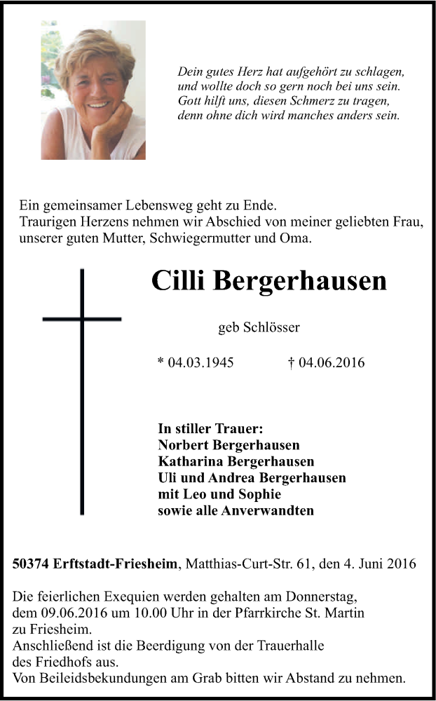  Traueranzeige für Cilli Bergerhausen vom 07.06.2016 aus Kölner Stadt-Anzeiger / Kölnische Rundschau / Express