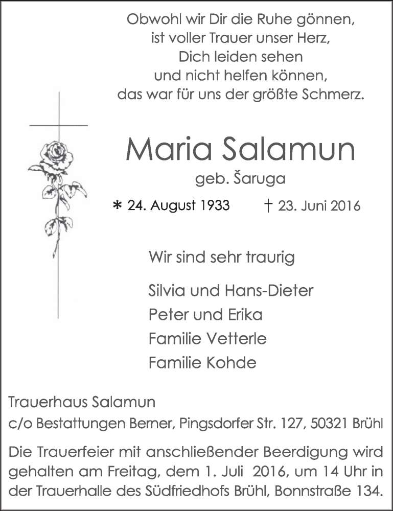  Traueranzeige für Maria Salamun vom 29.06.2016 aus  Schlossbote/Werbekurier 