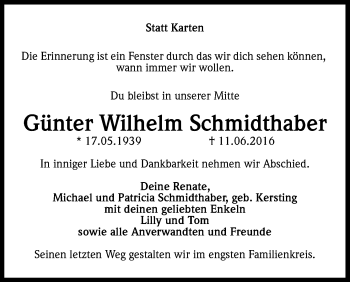 Anzeige von Günter Wilhelm Schmidthaber von Kölner Stadt-Anzeiger / Kölnische Rundschau / Express