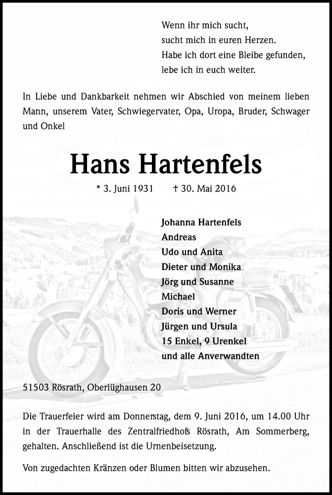  Traueranzeige für Hans Hartenfels vom 04.06.2016 aus Kölner Stadt-Anzeiger / Kölnische Rundschau / Express