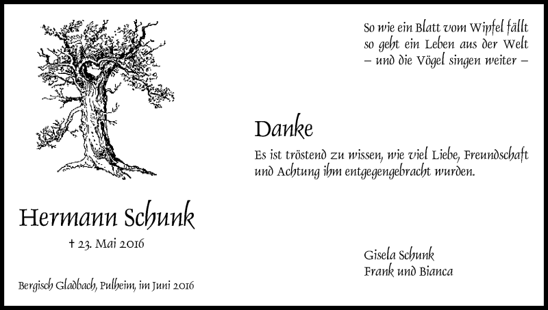  Traueranzeige für Hermann Schunk vom 25.06.2016 aus Kölner Stadt-Anzeiger / Kölnische Rundschau / Express