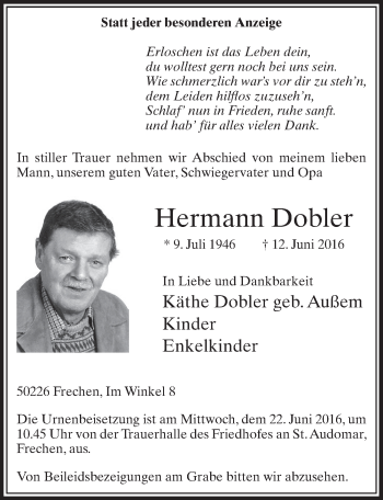 Anzeige von Hermann Dobler von  Sonntags-Post 