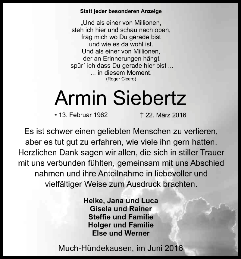  Traueranzeige für Armin Siebertz vom 18.06.2016 aus Kölner Stadt-Anzeiger / Kölnische Rundschau / Express