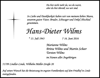 Anzeige von Hans-Dieter Wilms von Kölner Stadt-Anzeiger / Kölnische Rundschau / Express