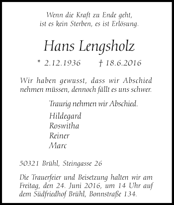 Anzeige von Hans Lengsholz von Kölner Stadt-Anzeiger / Kölnische Rundschau / Express