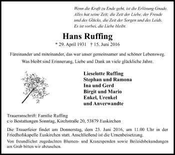 Anzeige von Hans Ruffing von Kölner Stadt-Anzeiger / Kölnische Rundschau / Express
