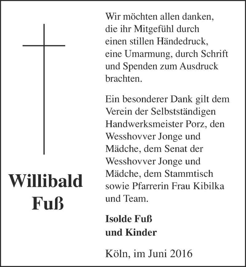  Traueranzeige für Willibald Fuß vom 22.06.2016 aus  Kölner Wochenspiegel 