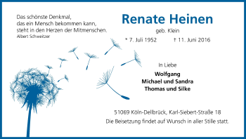 Anzeige von Renate Heinen von Kölner Stadt-Anzeiger / Kölnische Rundschau / Express