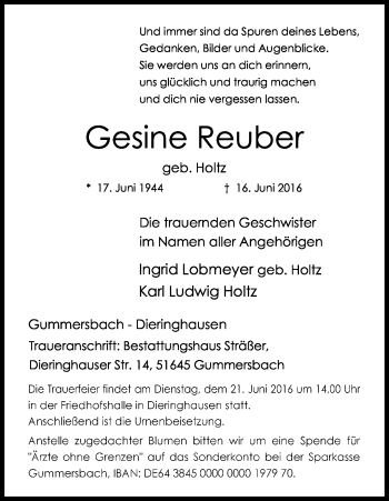 Anzeige von Gesine Reuber von Kölner Stadt-Anzeiger / Kölnische Rundschau / Express