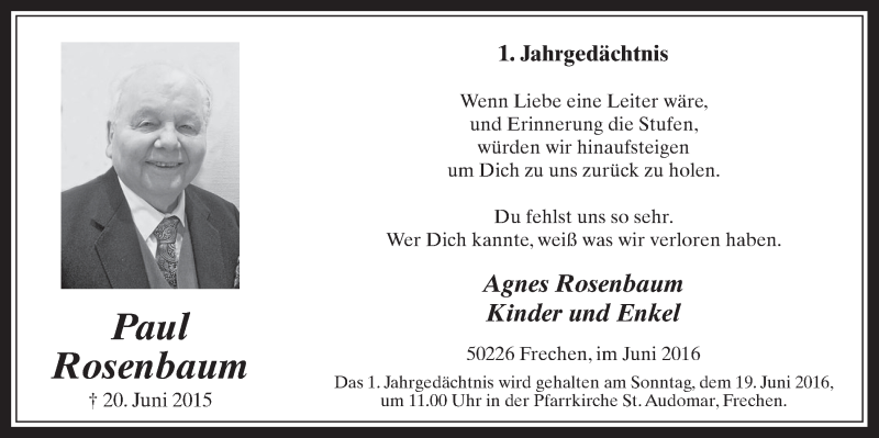  Traueranzeige für Paul Rosenbaum vom 15.06.2016 aus  Wochenende 