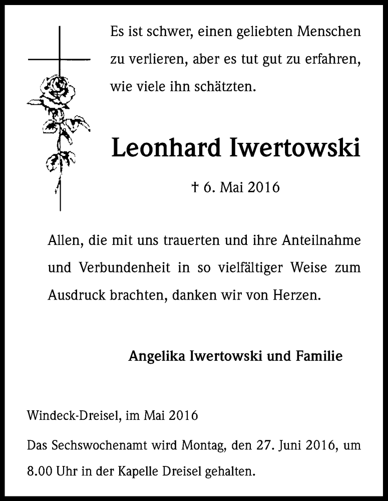  Traueranzeige für Leonhard Iwertowski vom 18.06.2016 aus Kölner Stadt-Anzeiger / Kölnische Rundschau / Express