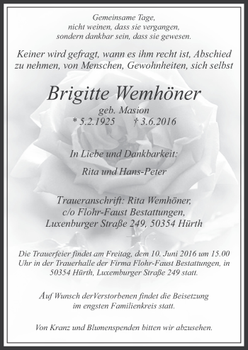 Anzeige von Brigtte Wemhöner von  Wochenende 