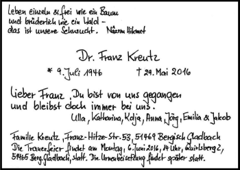 Anzeige von Franz Kreutz von Kölner Stadt-Anzeiger / Kölnische Rundschau / Express