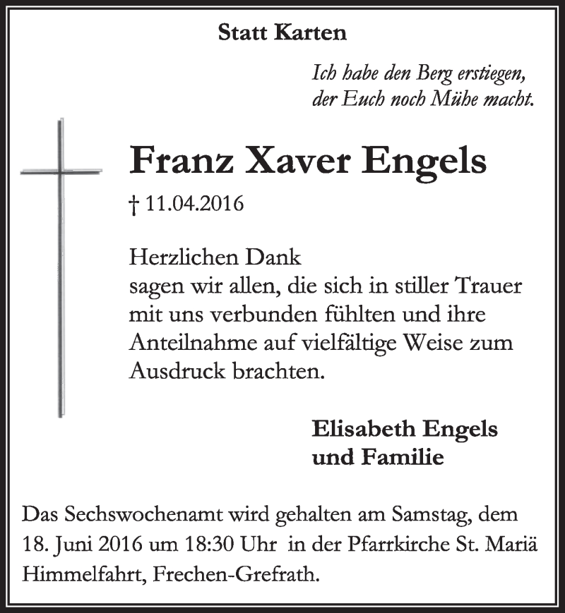  Traueranzeige für Franz Xaver Engels vom 11.06.2016 aus  Sonntags-Post 
