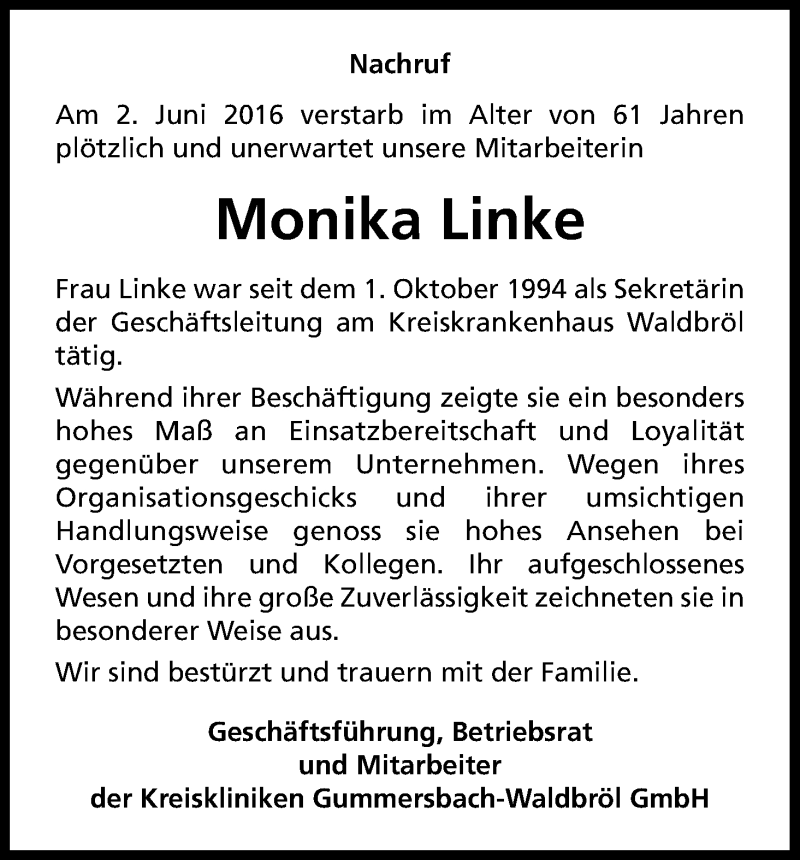  Traueranzeige für Monika Linke vom 09.06.2016 aus Kölner Stadt-Anzeiger / Kölnische Rundschau / Express