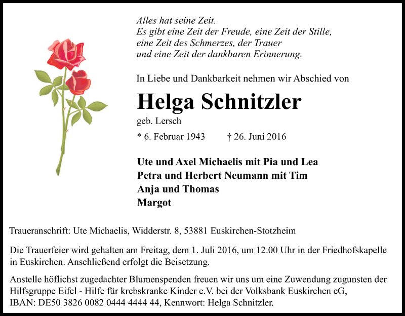  Traueranzeige für Helga Schnitzler vom 28.06.2016 aus Kölner Stadt-Anzeiger / Kölnische Rundschau / Express
