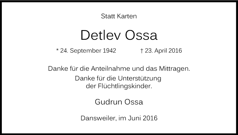  Traueranzeige für Detlev Ossa vom 25.06.2016 aus Kölner Stadt-Anzeiger / Kölnische Rundschau / Express