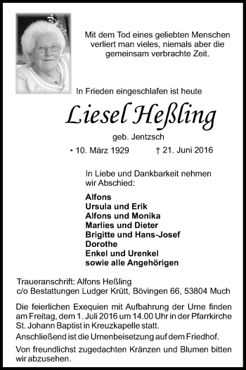 Anzeige von Liesel Heßling von Kölner Stadt-Anzeiger / Kölnische Rundschau / Express