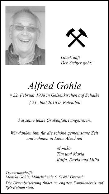Anzeige von Alfred Gohle von Kölner Stadt-Anzeiger / Kölnische Rundschau / Express