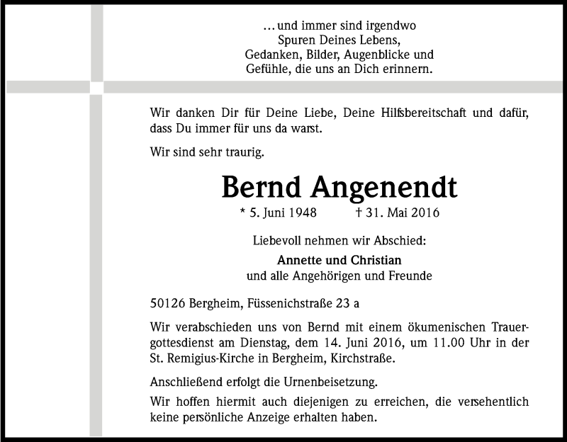  Traueranzeige für Bernd Angenendt vom 04.06.2016 aus Kölner Stadt-Anzeiger / Kölnische Rundschau / Express