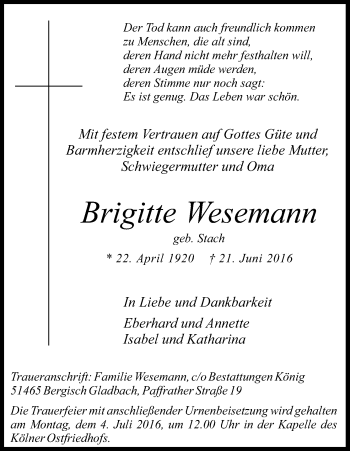 Anzeige von Brigitte Wesemann von Kölner Stadt-Anzeiger / Kölnische Rundschau / Express