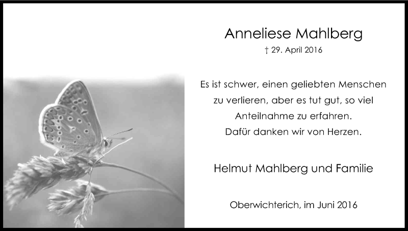  Traueranzeige für Anneliese Mahlberg vom 11.06.2016 aus Kölner Stadt-Anzeiger / Kölnische Rundschau / Express