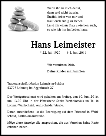 Anzeige von Hans Leimeister von Kölner Stadt-Anzeiger / Kölnische Rundschau / Express