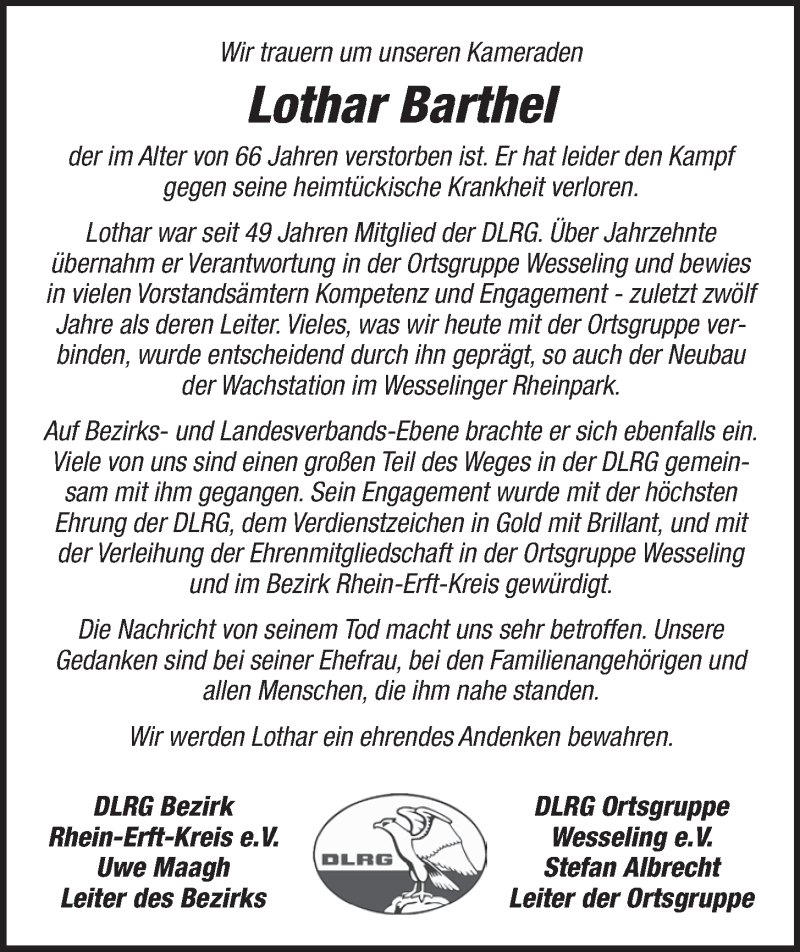  Traueranzeige für Lothar Barthel vom 15.06.2016 aus  Schlossbote/Werbekurier 