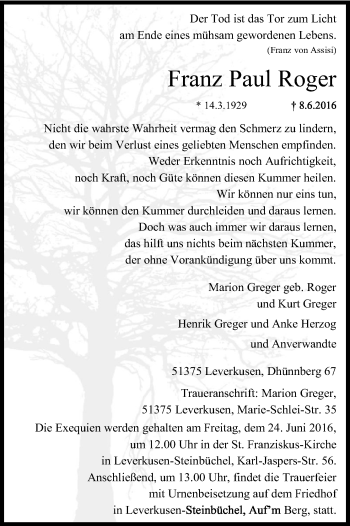 Anzeige von Franz Paul Roger von Kölner Stadt-Anzeiger / Kölnische Rundschau / Express