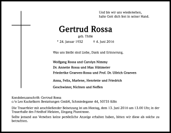 Anzeige von Gertrud Rossa von Kölner Stadt-Anzeiger / Kölnische Rundschau / Express