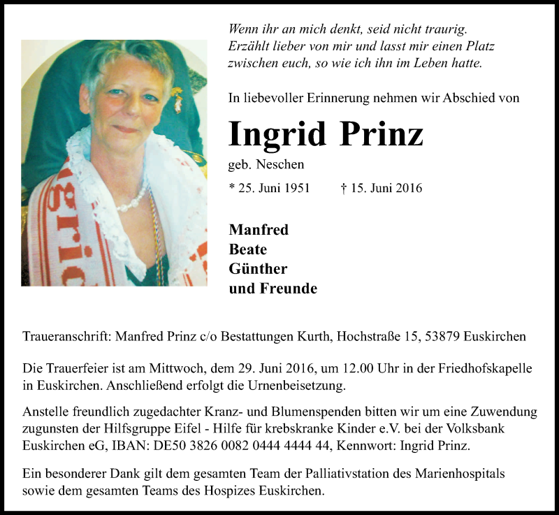  Traueranzeige für Ingrid Prinz vom 22.06.2016 aus Kölner Stadt-Anzeiger / Kölnische Rundschau / Express