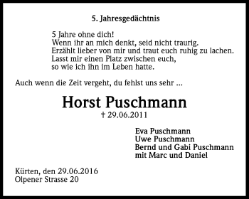 Anzeige von Horst Puschmann von Kölner Stadt-Anzeiger / Kölnische Rundschau / Express