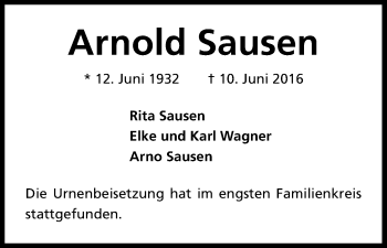 Anzeige von Arnold Sausen von Kölner Stadt-Anzeiger / Kölnische Rundschau / Express
