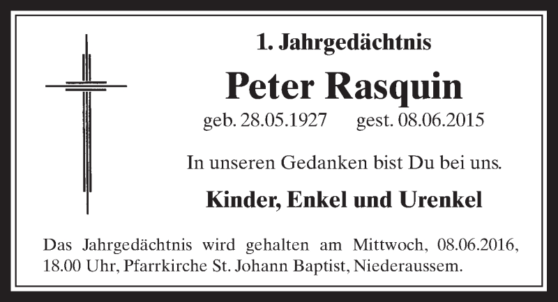  Traueranzeige für Peter Rasquin vom 08.06.2016 aus  Werbepost 