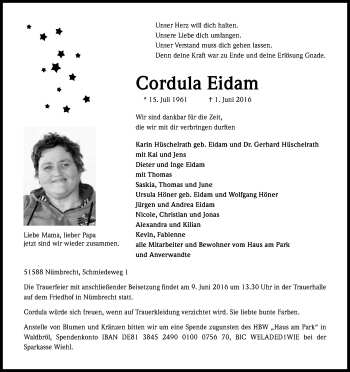 Anzeige von Cordula Eidam von Kölner Stadt-Anzeiger / Kölnische Rundschau / Express