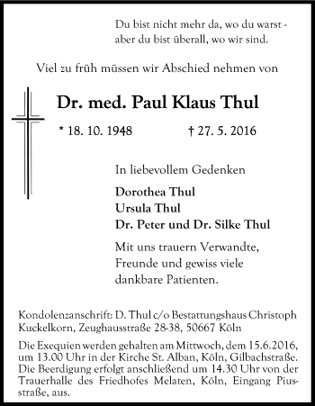 Anzeige von Paul Klaus Thul von Kölner Stadt-Anzeiger / Kölnische Rundschau / Express