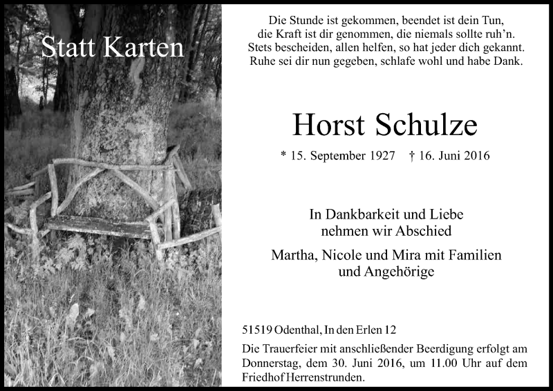  Traueranzeige für Horst Schulze vom 25.06.2016 aus Kölner Stadt-Anzeiger / Kölnische Rundschau / Express