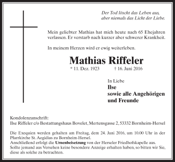 Anzeige von Mathias Riffeler von  Schaufenster/Blickpunkt 