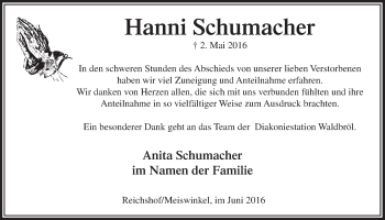 Anzeige von Hanni Schumacher von  Lokalanzeiger 