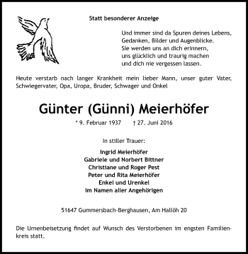 Anzeige von Günter Meierhöfer von Kölner Stadt-Anzeiger / Kölnische Rundschau / Express