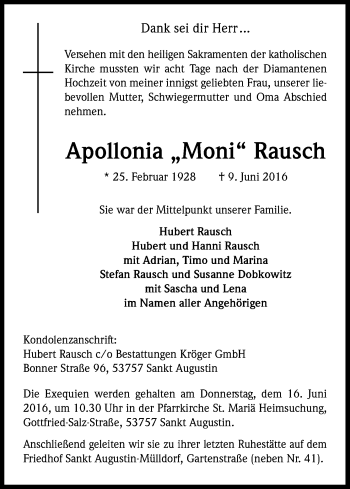 Anzeige von Apollonia Rausch von Kölner Stadt-Anzeiger / Kölnische Rundschau / Express