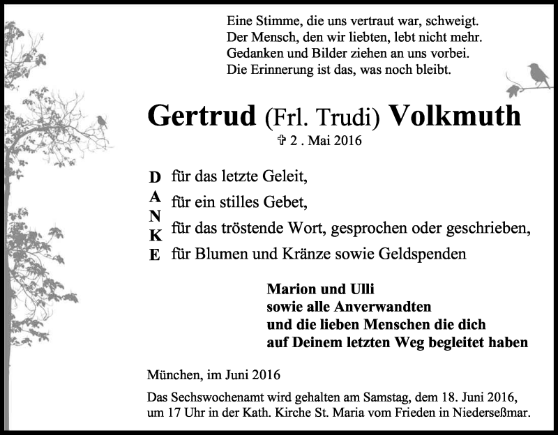  Traueranzeige für Gertrud Volkmuth vom 14.06.2016 aus Kölner Stadt-Anzeiger / Kölnische Rundschau / Express