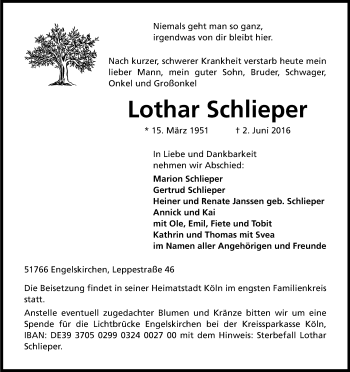 Anzeige von Lothar Schlieper von Kölner Stadt-Anzeiger / Kölnische Rundschau / Express