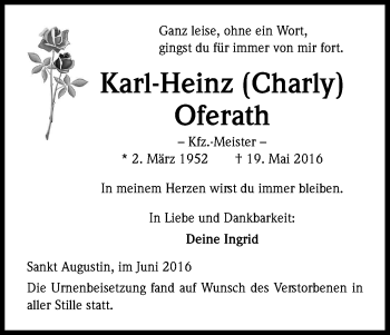 Anzeige von Karl-Heinz Oferath von Kölner Stadt-Anzeiger / Kölnische Rundschau / Express