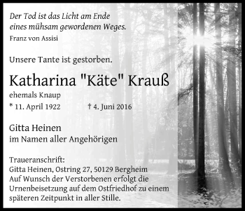 Anzeige von Katharina Krauß von Kölner Stadt-Anzeiger / Kölnische Rundschau / Express
